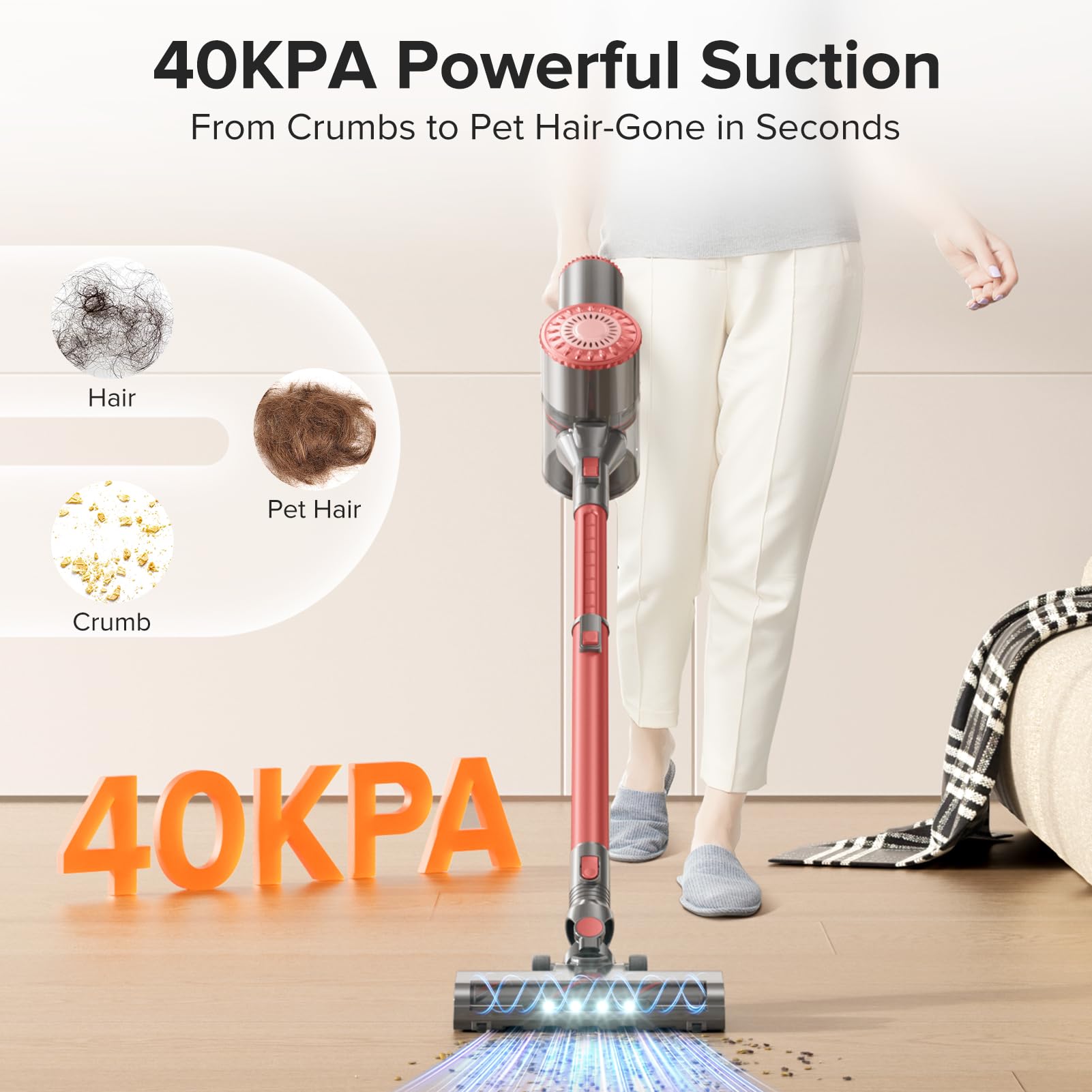 Cordless Vacuum Cleaner with Self-Standing, 40KPA Stick Vacuum Cleaners for Home, 8-in-1 Lightweight Rechargeable Vacuum, 7-Layer Filtration,Ideal for Carpet, Pet Hair, Hardwood Floors