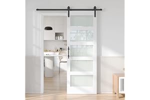 Fredbeck 32in x 84in White Glass Barn Door with 5.5FT 66inch Sliding Doors Hardware Kit Included & Handle,PVC Surface,Need to Assembly,Water-Proof