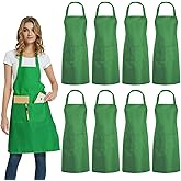 DUSKCOVE 8 Pack Bib Aprons Bulk - Unisex Green Commercial Apron with 2 Pockets for Kitchen Crafting BBQ Drawing Cooking