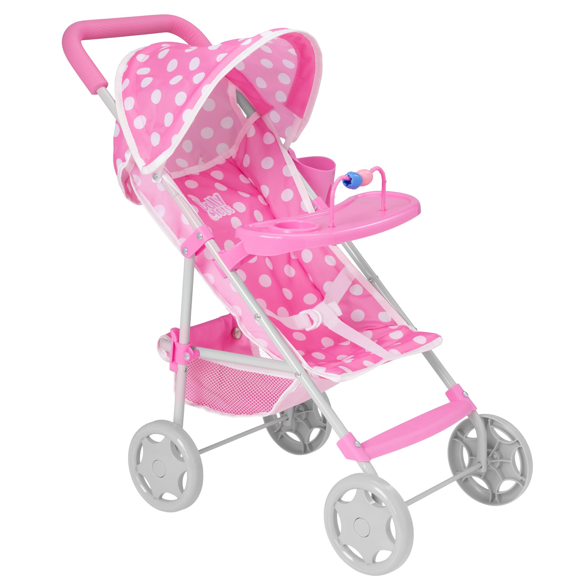 Dolly Tots Playtime Pink Polka Dot Pushchair | Children's Doll Stroller with Removable Play Tray | Umbrella Fold Baby Doll Stroller Toy | Role Play Dolls Buggy Pushchair for Kids | Ages 3+