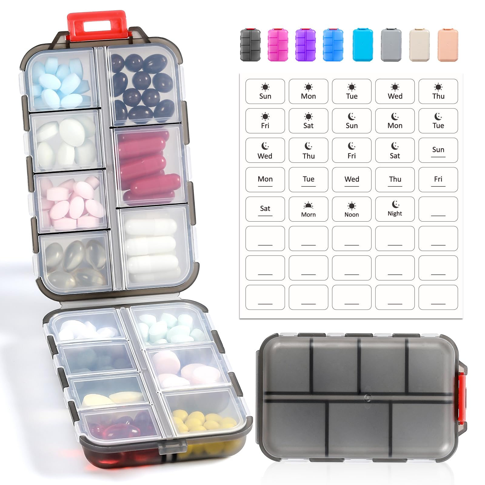 Photo 1 of 14 GRIDS Travel Pill Organizer Box with Labels - Travel Medicine Case Kit - Pocket Daily Pharmacy Container - Travel Medication Holder Dispenser for Fish Oil Vitamin Supplement Storage - Clear Gray