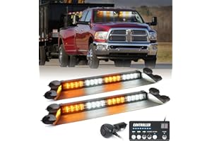 LUMENIX LED Emergency Dash Strobe Lights Bar w/Controller Windshield Visor Safety Warning Traffic Caution Lightbar Deck Split Flashing Light for Construction Vehicles Work Trucks Pickup - White Amber