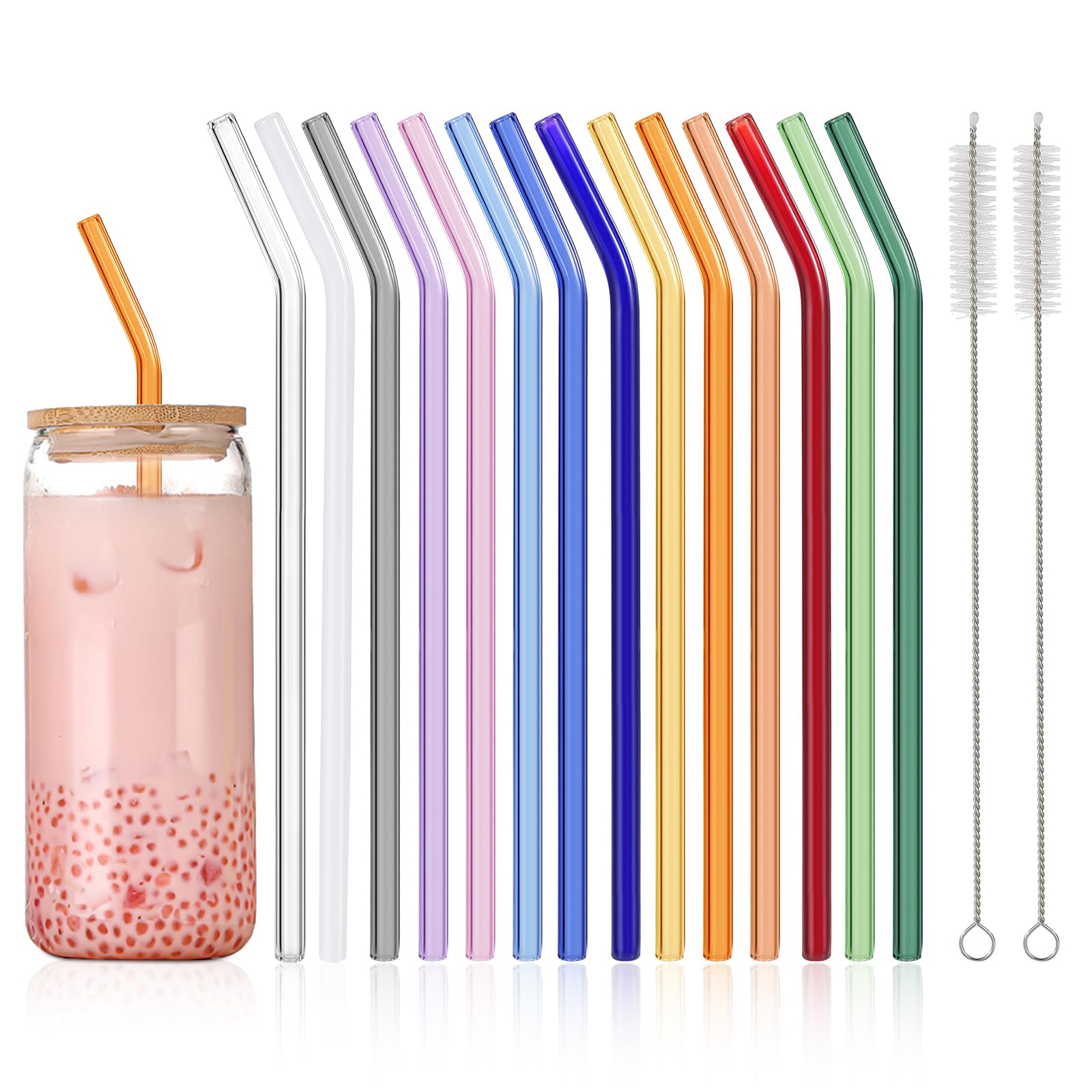 Photo 1 of 14 Pcs Reusable Bent Colorful Glass Straws,9''x8 mm Shatter Resistant Cute Drinking Straws with 2 Cleaner Brush for Coffee,Juice,Cocktail,Teas,Beverages