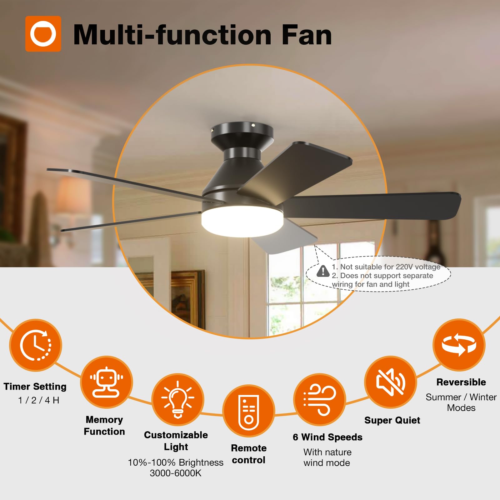 addlon Ceiling Fans with Lights, 42 Inch Low Profile Ceiling Fan with Light and Remote Control, Flush Mount, Reversible, 3CCT, Dimmable, Quiet, Black Small Ceiling Fan for Bedroom Indoor/Outdoor Use