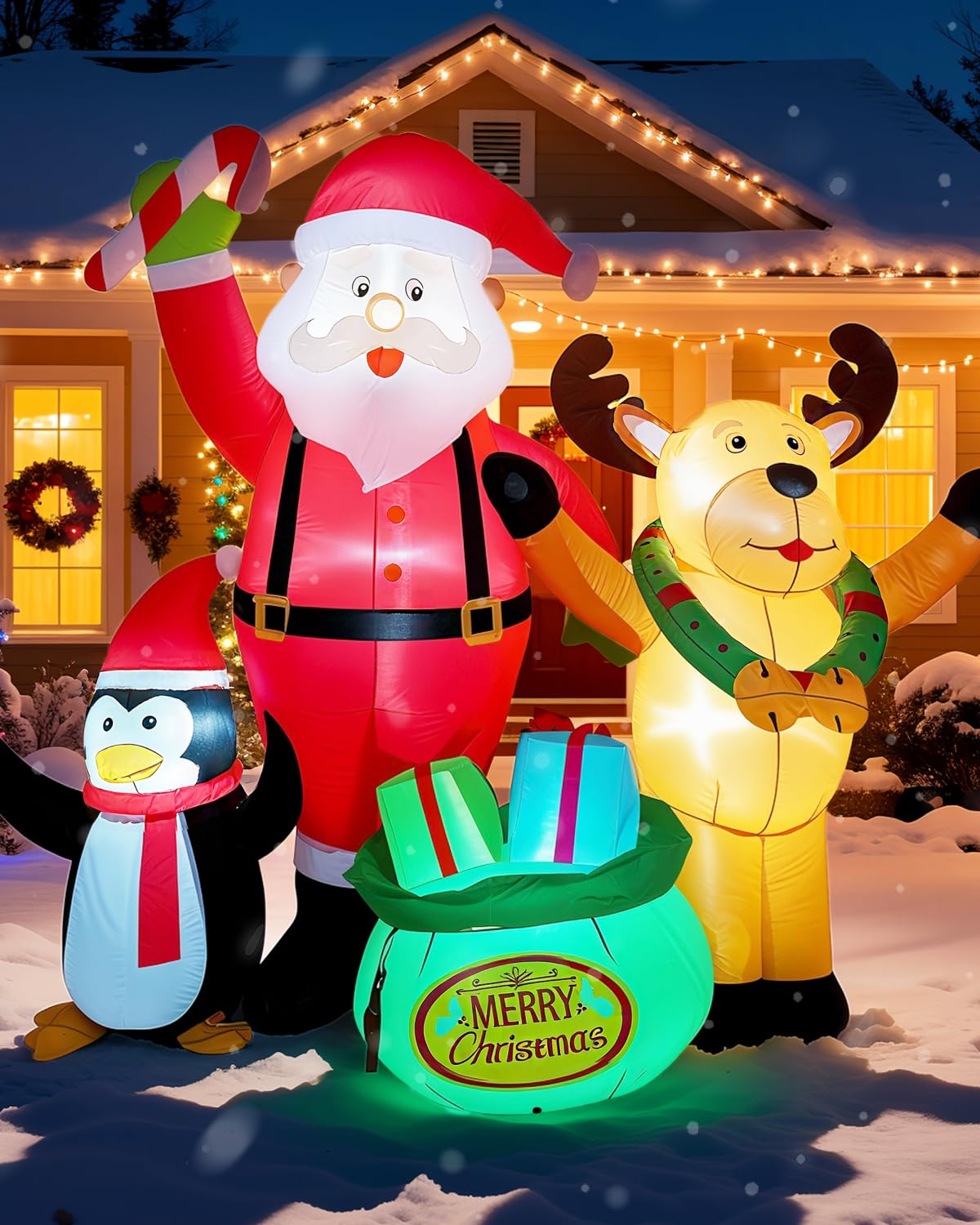 Photo 1 of 7FT Christmas Inflatables Outdoor Decorations, Blow Up Yard Decorations with Santa Claus Penguins Reindeer and Gift Bag Inflatable with LED Lights for Indoor Outdoor Yard Garden Decor