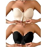 MakeMeChic Women's 2 Pack Strapless Bras Scallop Trim Front Closure Wireless Half Bralettes