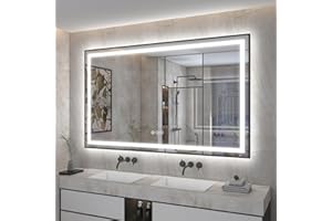 OKPAL 60x36 LED Bathroom Mirror with Lights, Lighted Mirrors for Bathroom Wall, Black Lighted Bathroom Mirror, Dimmable, Anti-Fog, Memory, Shatterproof, ETL Listed (Front Lights and Backlit)