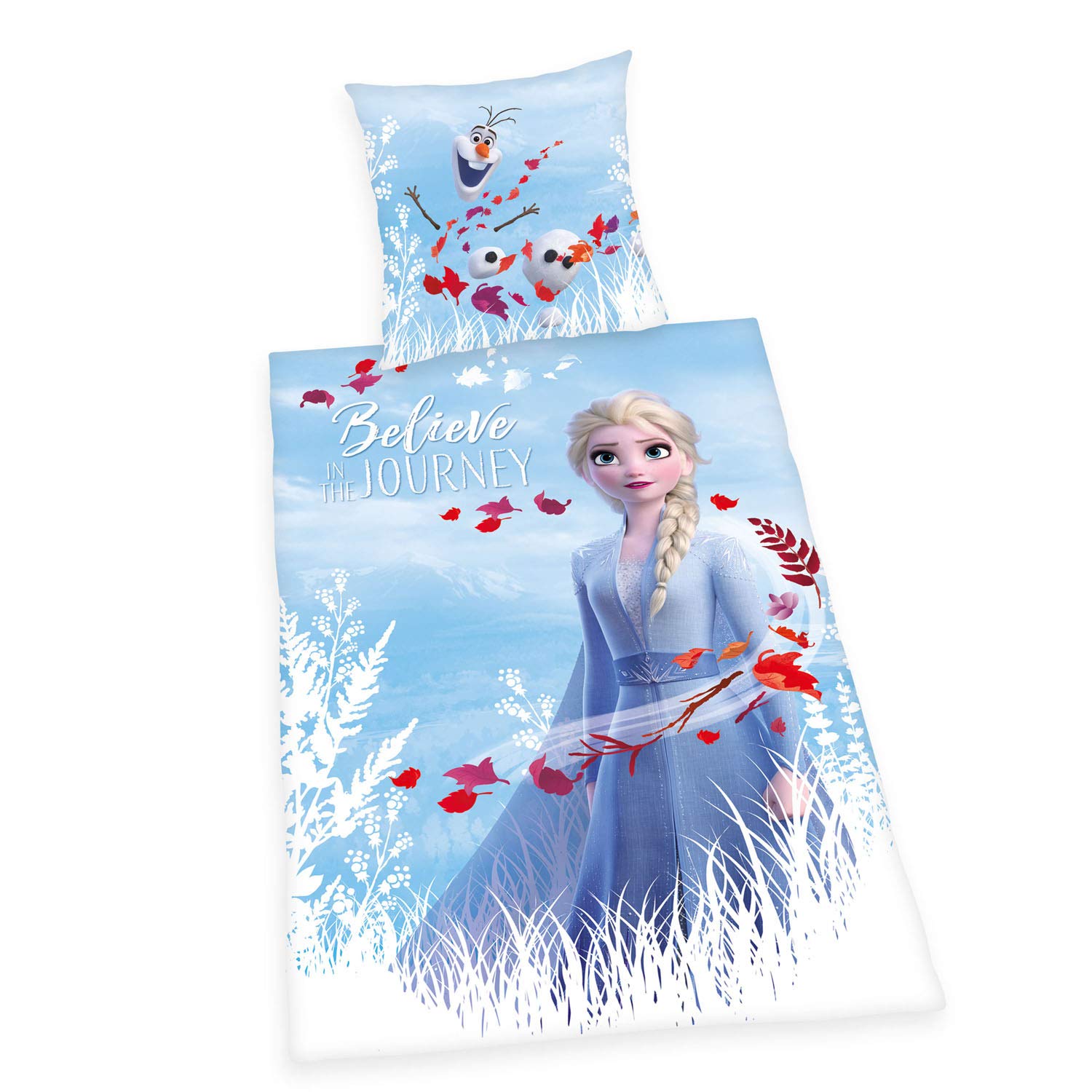 Herding Bed Linen-Set, Disney's Frozen 2, Pillow Case 80 x 80cm, Duvet Cover 135 x 200cm, 100% Cotton, Renforcé, with Smooth-Running, Blue, German Size