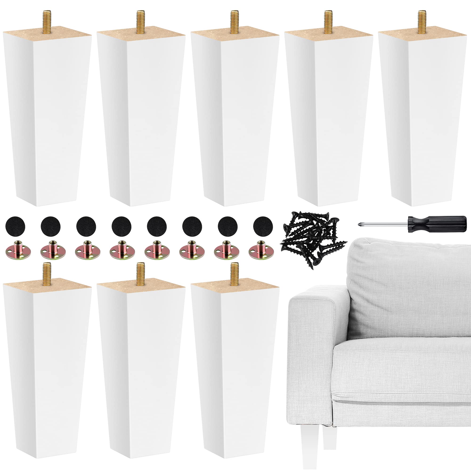 Photo 1 of TURSTIN Set of 8 Wood Furniture Legs 6 Inch Square Solid Wood Sofa Legs with M8 T-Nuts Natural Wooden Couch Leg Replacement Leg for Furniture Armchair Bed Dresser Cabinet or DIY Projects, White
