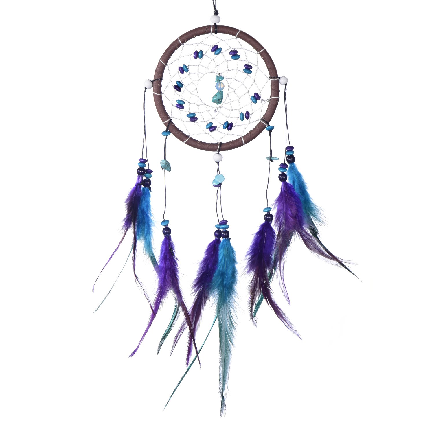Dreamcatcher for Good Dreams with Pearls and Real Feathers Violet Turquoise Ø 4.33" - 11 cm