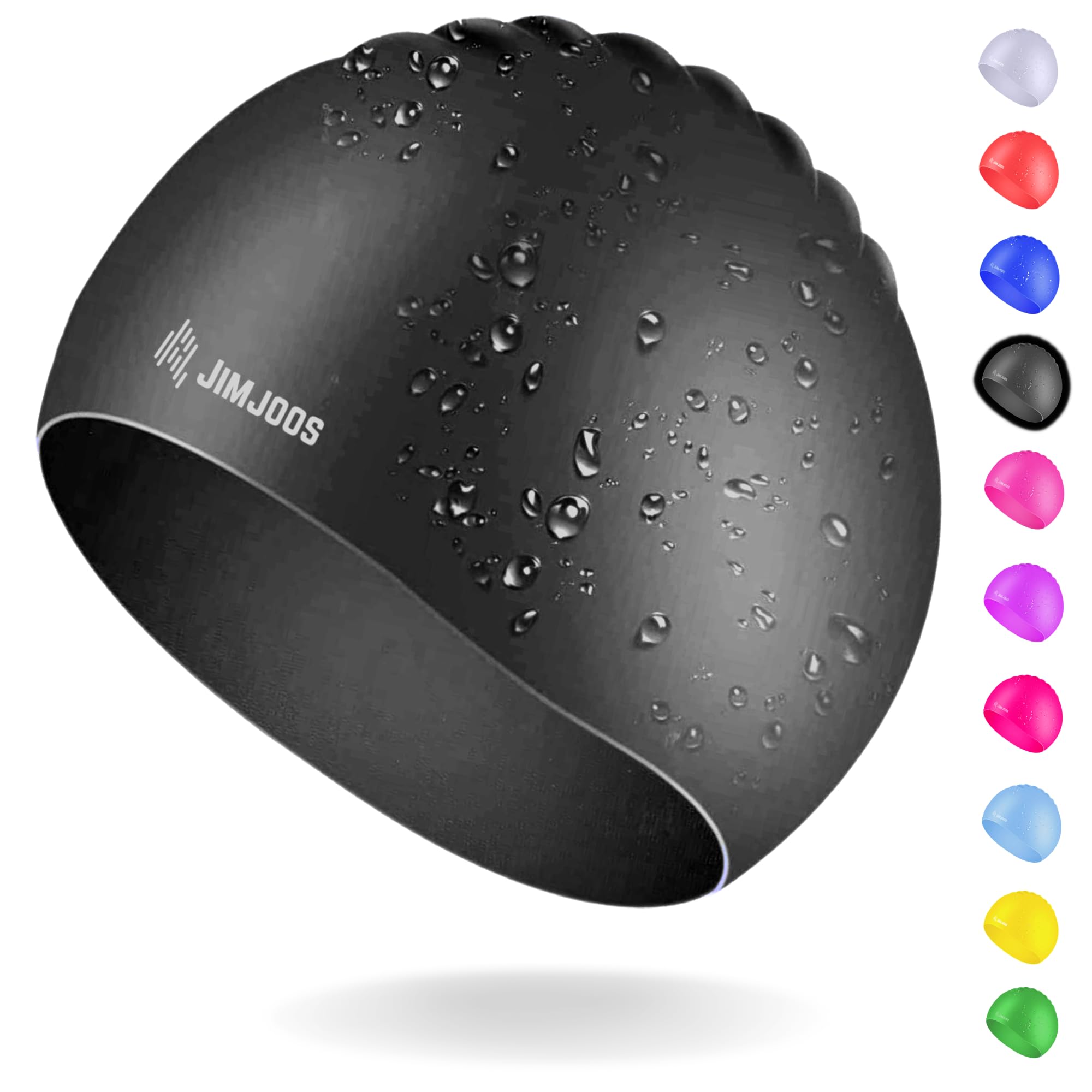 JIMJOOS Kids Swimming Cap 3–14 Years - Silicone Swim Cap for Boys & Girls - Anti-Slip, Stretchable, Waterproof Swimming Hat - Durable, Odour-Free Swim Hat with Protective Pouch (BLACK, 3-8 Years) — image 1