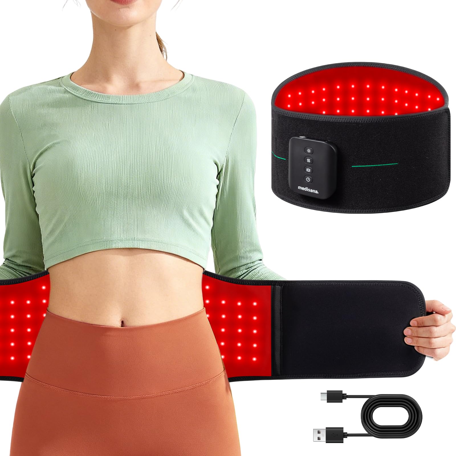 Photo 1 of Medisana 3-in-1 Red Light Therapy Belt, Cordless Infrared Red Light Therapy for Body with Multi-Mode Red Light/Pulse/Heat/Vibration - 660nm/850nm for Muscle Pain Relief, Portable for Waist Back Knee