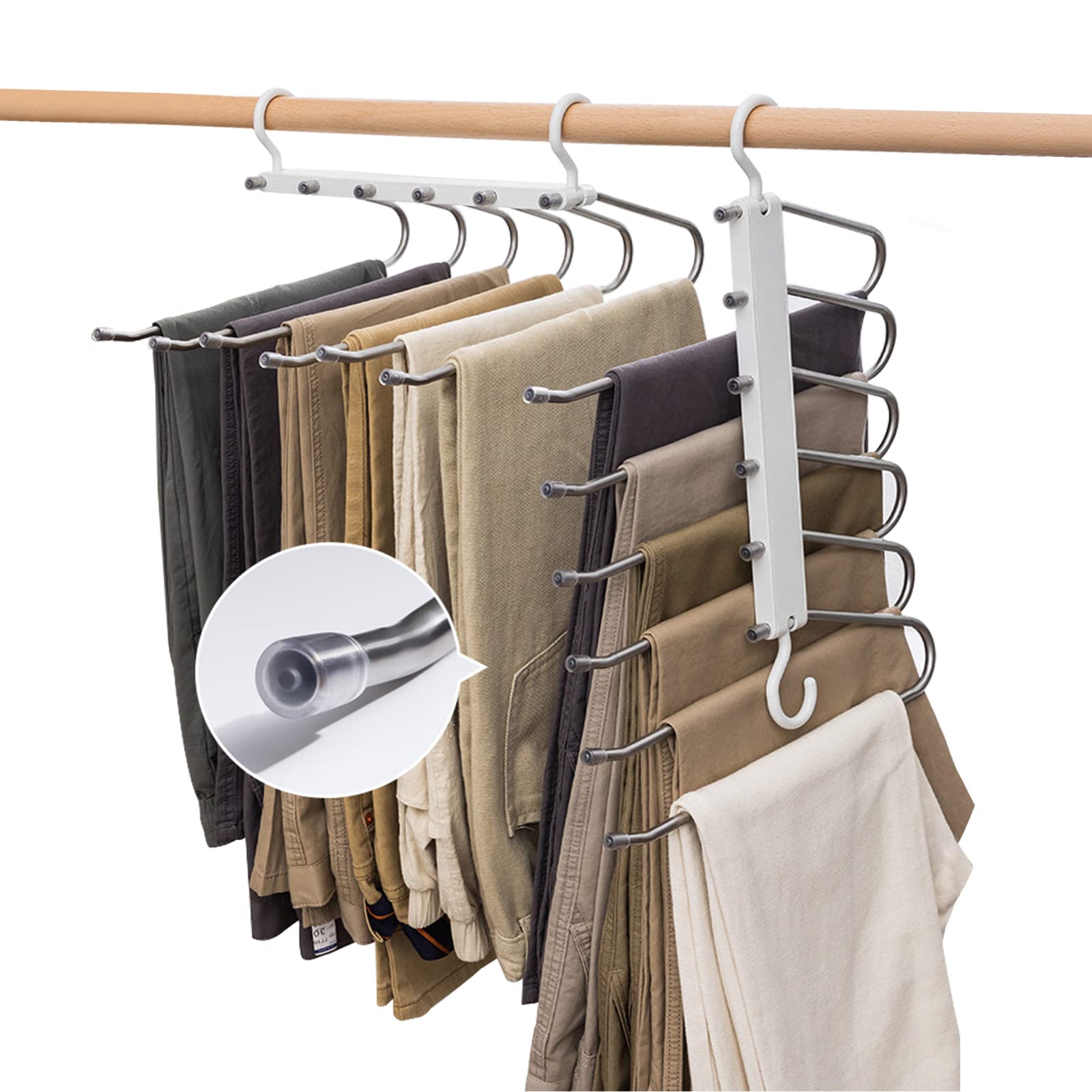 WEKIWGOT 2 Pack Trouser Hangers Space Saving, 6 In 1 Pants Hanger for Closet Organizers, Multi Purpose Pants Rack, Non-Slip Design, Clothes Hangers for Jeans, Leggings, Bras, Scarves and Ties