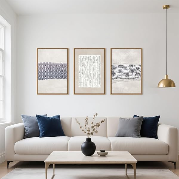 HOURIA BLUE WHITE ABSTRACT NEUTRAL FRAMED CANVAS WALL ART SET,MINIMALIST BOHO WAVES LINES WALL DECOR,MODERN GEOMETRIC SHAPES PRINT,MID CENTURY GRUNGE ARTWORK FOR LIVING ROOM,BEDROOM,OFFICE- 16″X24″X3