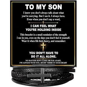 Chiside To My Son Cross Bracelet From Mom, Son Gift From Dad With Inspirational Message Card And Box, Sons Bracelet From Fath