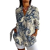 Women's Boho Long Sleeve Button Up Linen Shirts Casual Floral Collared Tops Fall Spring Summer Comfy Graphic Blouse for Women