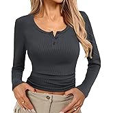 Kate Kasin Henley Shirts for Women Ribbed Long Sleeve Tops Trendy 2025 Cute Fall Top Ribbed Knit Casual Basic Tees,Black,XL