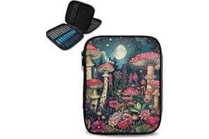 Hechitok Mushroom Empty Crochet Hook Case Portable Travel Crochet Storage Bag Organizer Zipper Bags with Web Pocket and Crochet Holder Slots for Crochet Knitting Accessories