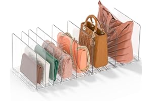 GoMaihe Bag & Purse Organizer for Closet: Adjustable Clear Handbag Storage Shelf - Plastic Clutch Dividers | Minimal | Keep Purses upright