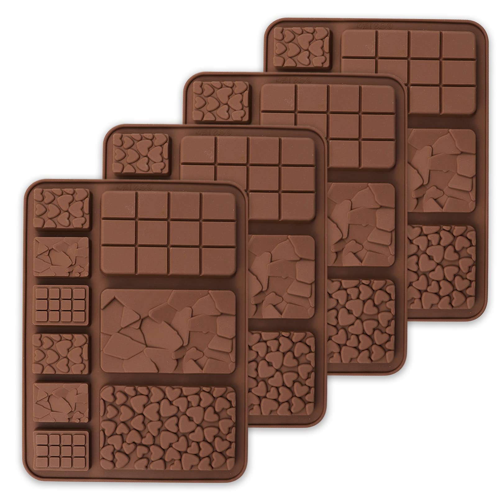 Sadodo 4PCS Silicone Chocolate Bar Moulds,Mix Shape for Candy Sugarcraft Cake Decoration,Chocolate Cookie Waffle Molds,Love Heart Ice Cube Tray,Fragments Square Jelly Moulds