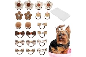 Frutain 20 Pcs Dog Hair Bows for Small Dogs Cute Brown Puppy Bows with Rubber Bands Elastic Handmade Dog Bowknot Hair Bow Bulk Grooming Flower Ball Bows Topknot for Pet Hair Accessories