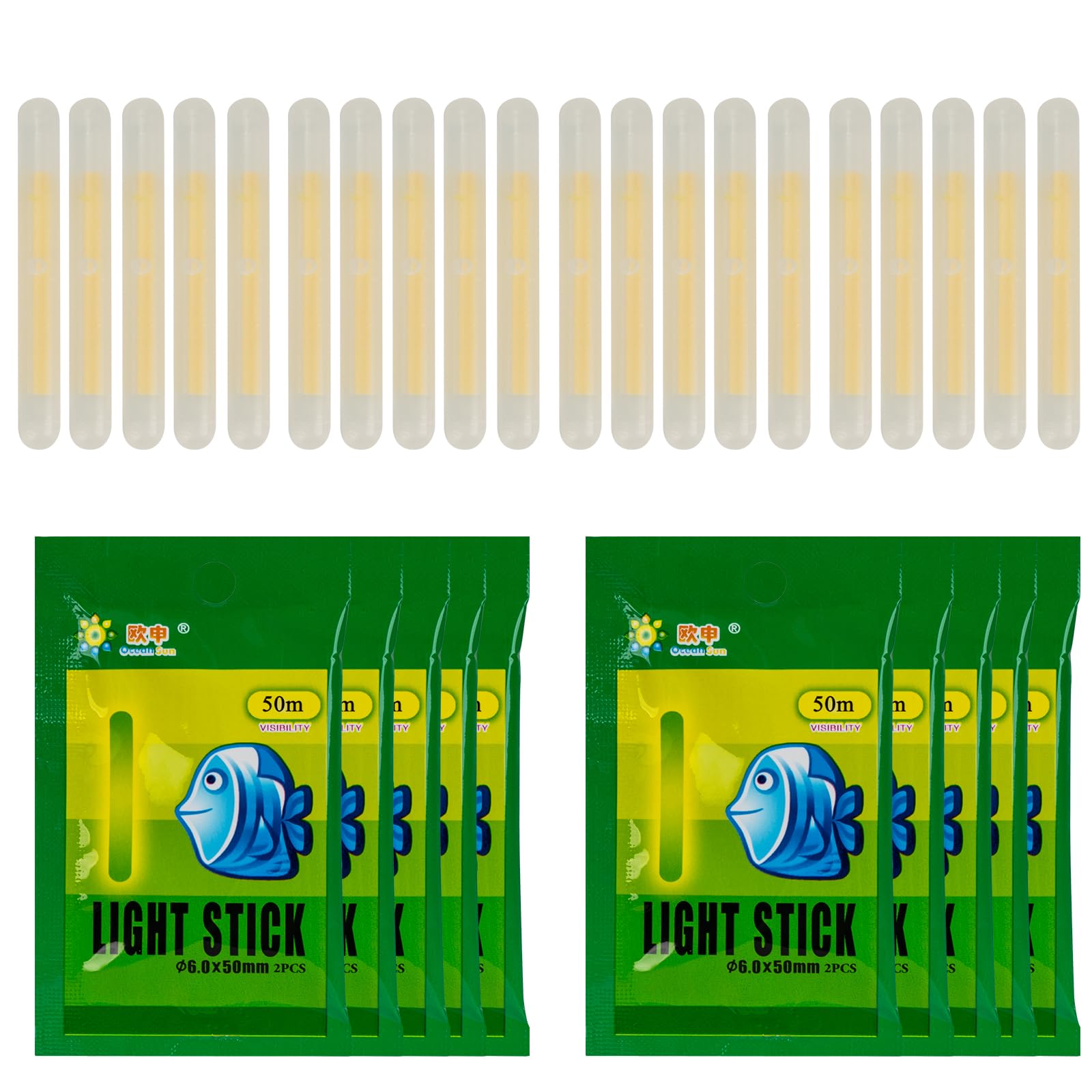 QualyQualy 20Pcs/Lot 6.0 * 50mm Glow Sticks For Fishing Floats Bobbers Fishing Luminous Stick Night Light Wand Tubes Green Fluorescent Lighting Stick