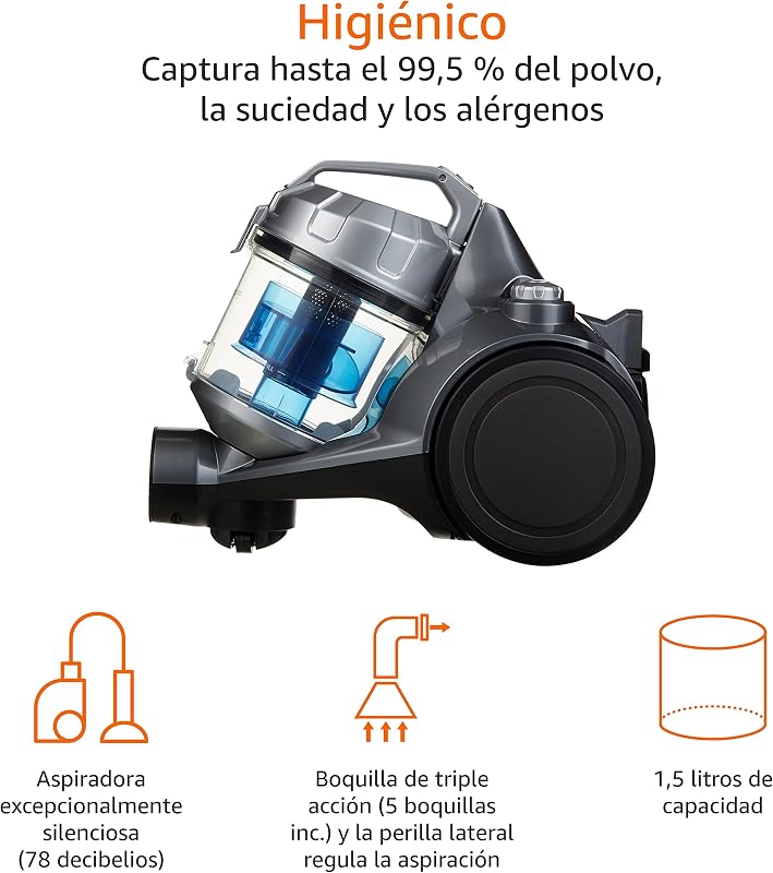 Potente aspirador de cilindro sin bolsa, para suelos duros y alfombras, filtro HEPA, compacto y ligero, 700 W, 1,5 l (UE), Negro — foto 3 de 8