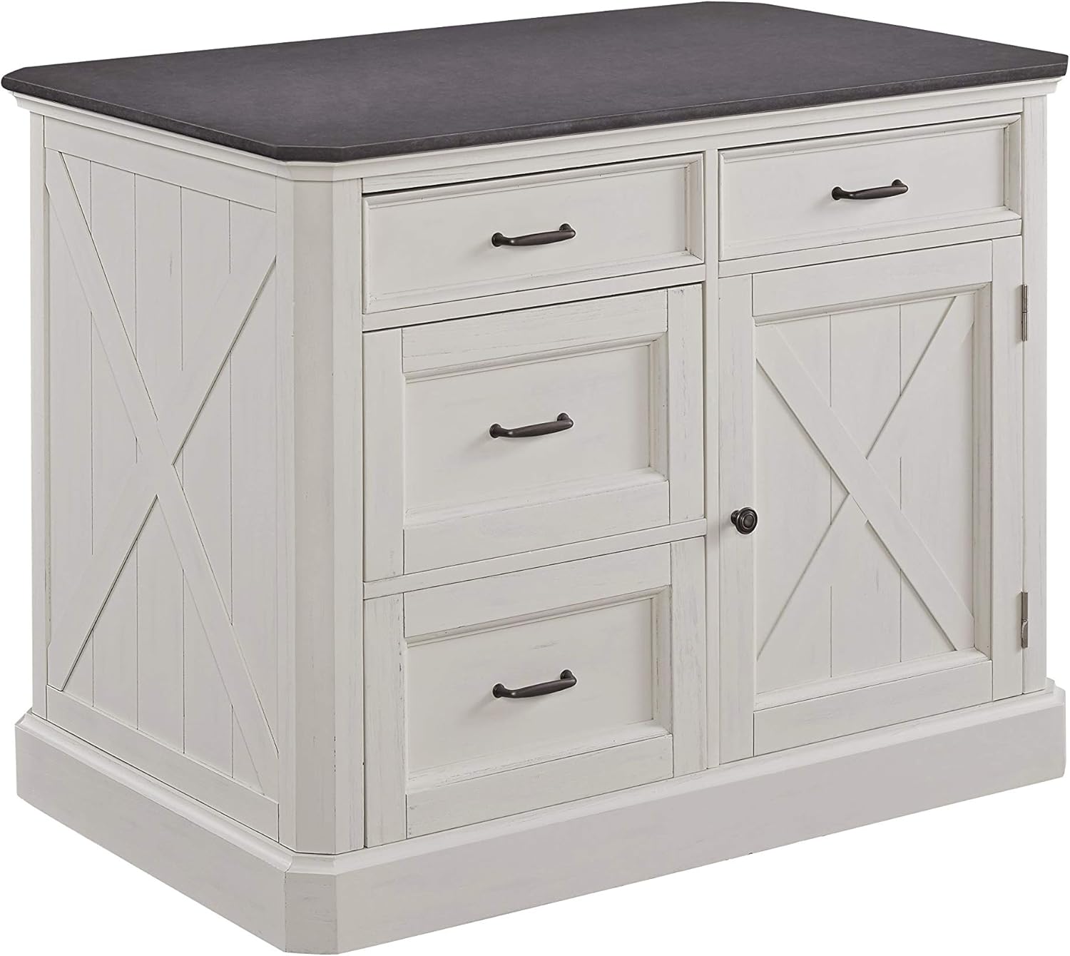 Home Styles Seaside Lodge White Kitchen Island with Brushed Finish, Quartz Top, Wood Panel Doors, Four Drawers, and Adjustable Shelves