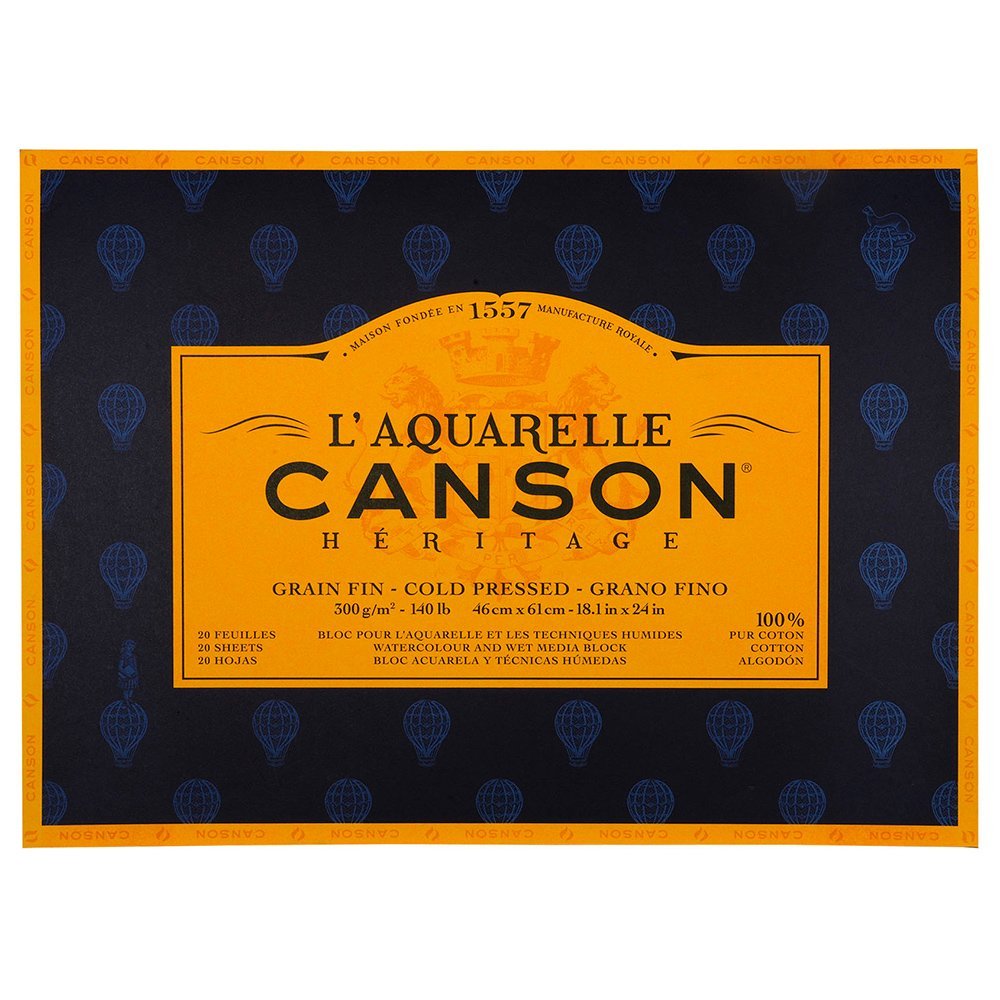 Canson Heritage Watercolour Pad, Glued on 4 Sides, 20 Sheets, fine Grain Fine grain 46 x 61 cm