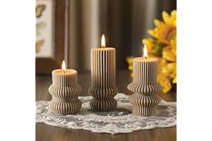 MTLEE 3 Pcs Small Ribbed Pillar Candles Scented Decorative Candles Soy Wax Aesthetic 4.7, 4.2, 3.2 in Height Modern Geometric Home Decor for Bathroom Living Room(Khaki)
