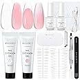 Makartt Poly Nail Gel French Manicure Kit : White Pink Hard Gels for Extension 15ML, UV LED Nail Lamp, Base Top Coat, Dual Forms, 100/180 Nail File, Silicone French Nails Stickers, All in One Set