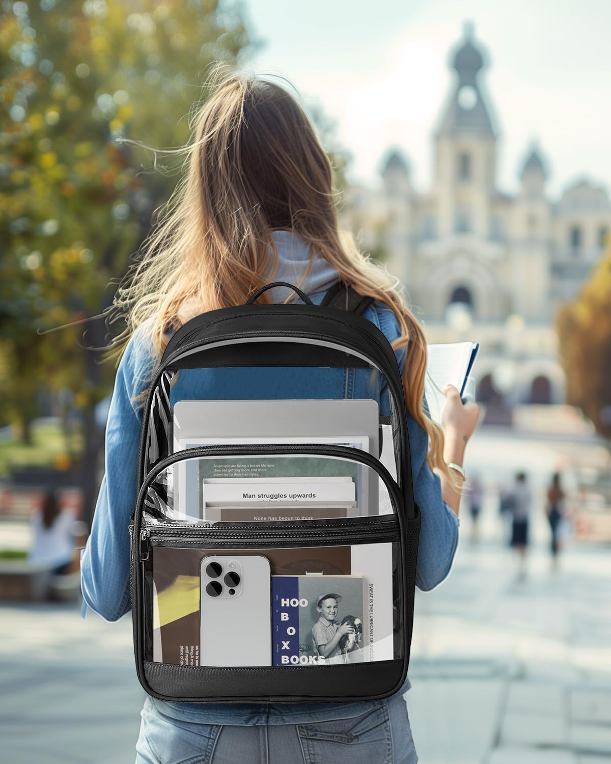 KIMNERPU Clear Backpack, Heavy Duty Transparent Bookbag for School, Fabric & PVC Transparent Backpack with Reinforced Strap for Women Men, Capacity Clear Bag for College, Travel, Security, Black