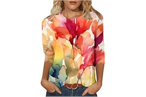MaMiDay 3/4 Sleeve Shirts for Women Floral Print Graphic T-Shirt Casual Loose Fit Tops Round Neck Trendy Dressy Blouses