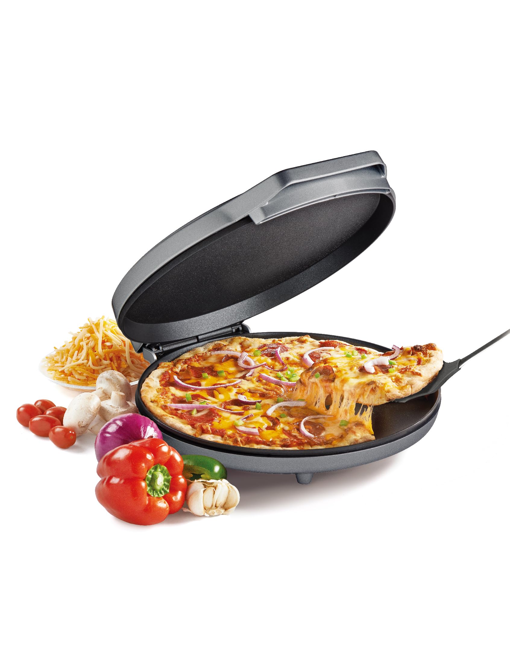 Photo 1 of Betty Crocker Pizza Maker Plus, 12" Indoor Electric Grill, Nonstick Griddle Pan for Pizzas, Quesadillas, Tortillas, Nachos and more, 12" Electric Griddle for Delicious Meals and Snacks, Silver