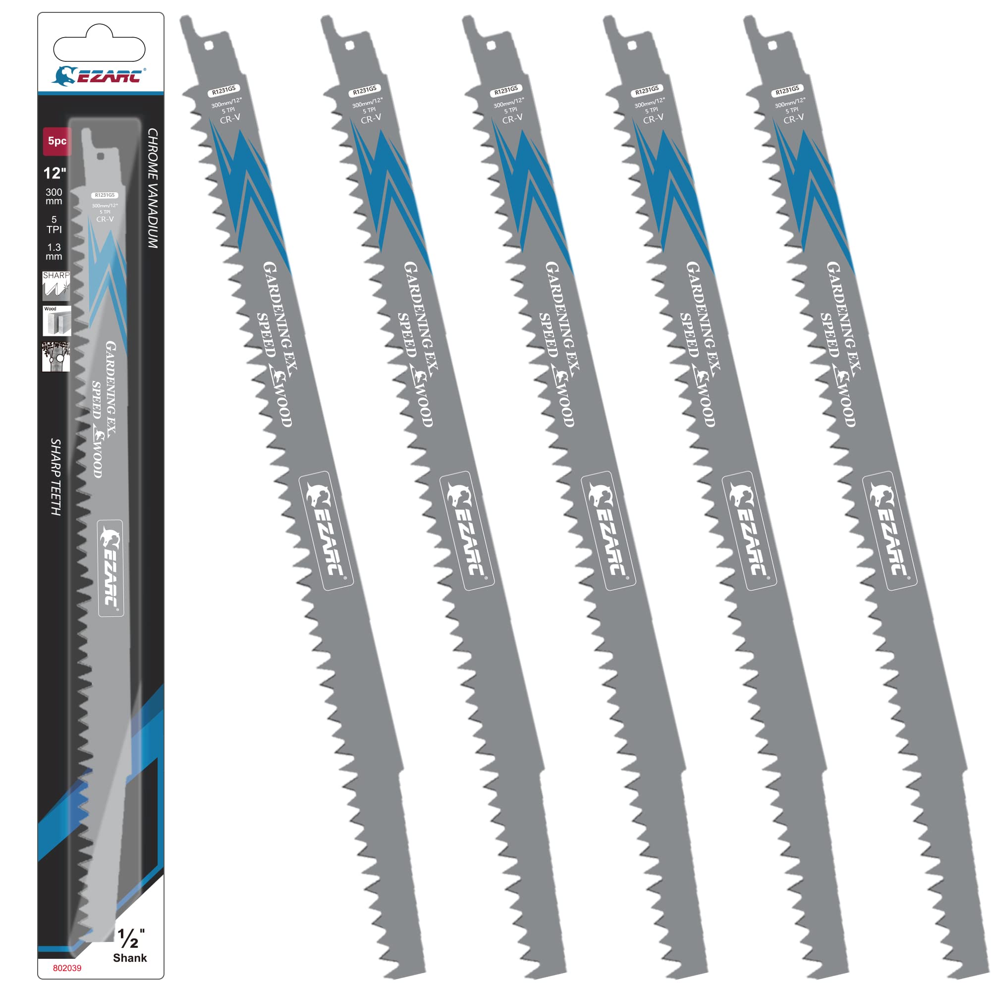 EZARC 5PCS Reciprocating Saw Blades for Wood Cutting Wood Pruning Sawzall Blades 6TPI 300mm