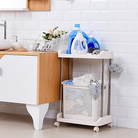 Amazon Co Jp 浴室棚床式プラスチック二階建て洗濯機棚に洗濯かごが付いています ホーム キッチン