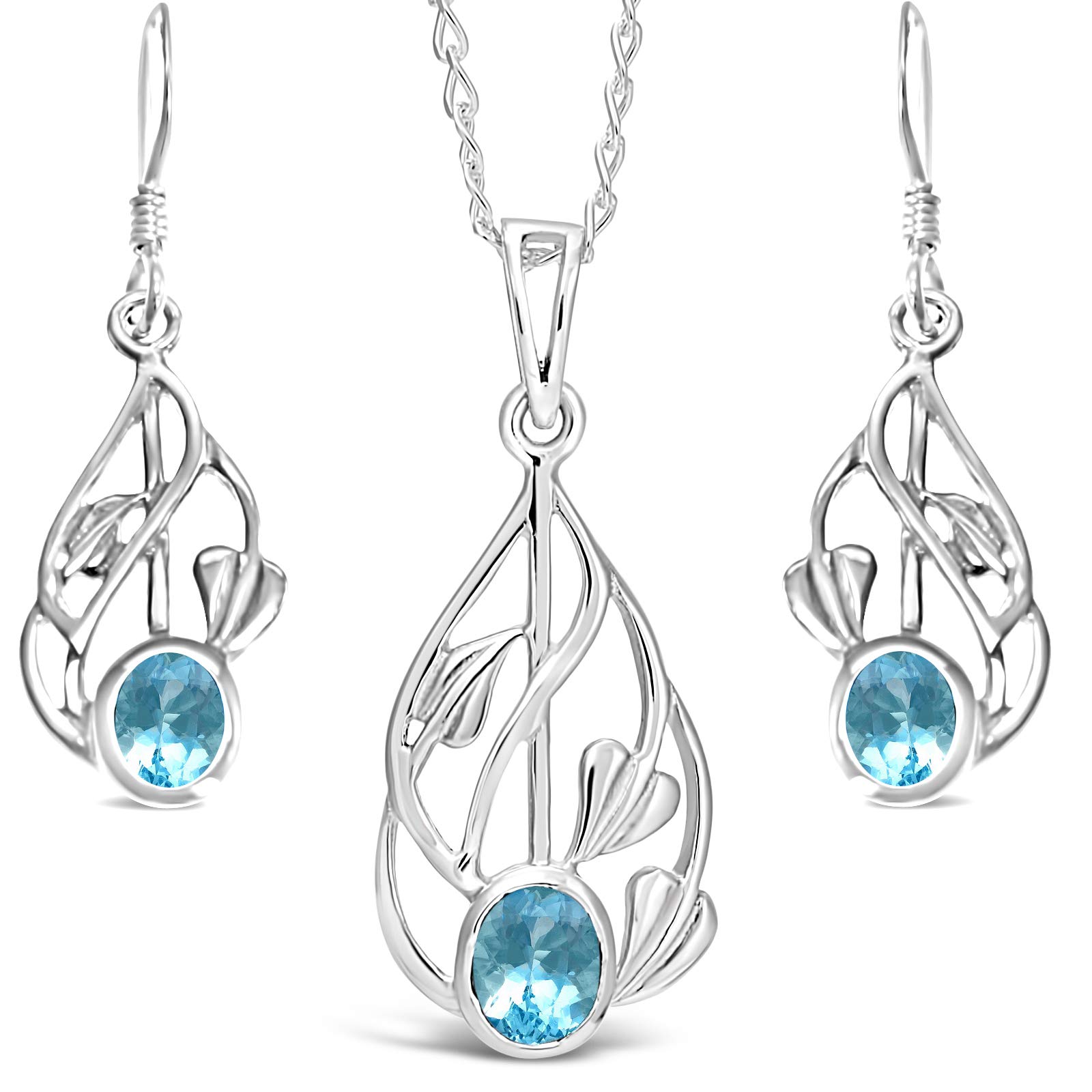 Alexander Castle Women's Jewellery Set 925 Sterling Silver & Blue Topaz Charles Rennie Mackintosh Gift Set - Necklace and Earring Set with Jewellery Gift Box