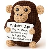 Gift for Women, Birthday Christmas White Elephant Secret Santa Stuffers, Brown Crochet Ape/Gorilla/Chimp 4" Handmade Amigurumi with Positive Words Sign, Small Stuffed Animal Desk Decor