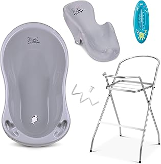 Baby Badewanne mit Gestell und Badewannensitz - Verschiedene Sets für Neugeborene mit Babybadewannen + Ständer +Abfluss + Badewannensitz - Babywanne mit Ständer