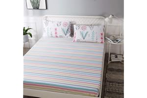 AMWAN Cotton Deep Pocket Fitted Sheet Twin Modern Striped Bedding Sheet Lightweight Soft Kids Girls Cotton Bed Sheet for Teens Adults Twin Bed Fitted Sheet for All Seasons (NO Pillowcases) 1