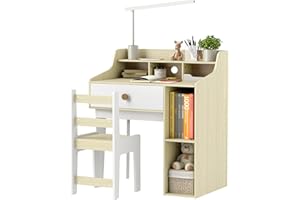 Qaba Kids Desk and Chair Set, Kids Table and Chair Set, Kids Study Table and Chair Set with Storage Shelves, Drawer, for 3-10