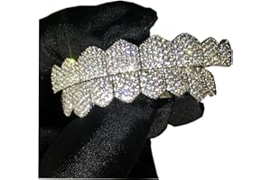 AINTTBY Grillz street Hip Hop personality Gold Shiny Copper gold-plated teeth Grillz Vampire fangs Grills Daily wear Halloween and Party Unisex - Comes With Tweezer & Dental Wax (8009Silver)