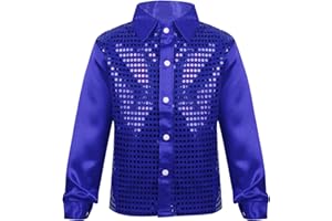Yruioon Kids Boys Sparkle Sequins Long Sleeve Button Down Shirt Latin Jazz Dance Stage Performance Costume