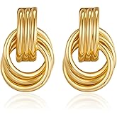 Chunky Gold Earrings for Women Trendy Knot Link Circle Geometric Dangle Earrings Studs Lightweight Hollow Twisted Drop Earings Jewelry