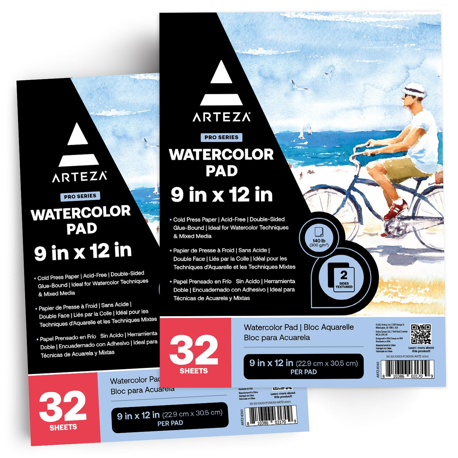 Arteza Expert Watercolour Paper Pad, 2 Pack, 64 Sheets, 22.9 x 30.5 cm, 300gsm Watercolour Paper, Glue Bound, 32 Sheets Each, Cold-Pressed, Art Supplies for Watercolour Techniques and Mixed Media