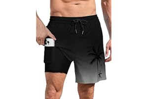 Lzzidou Men Swim Trunks with Compresssion Liner 7 Inch Inseam Board Shorts Bathing Suit with Zipper Pockets