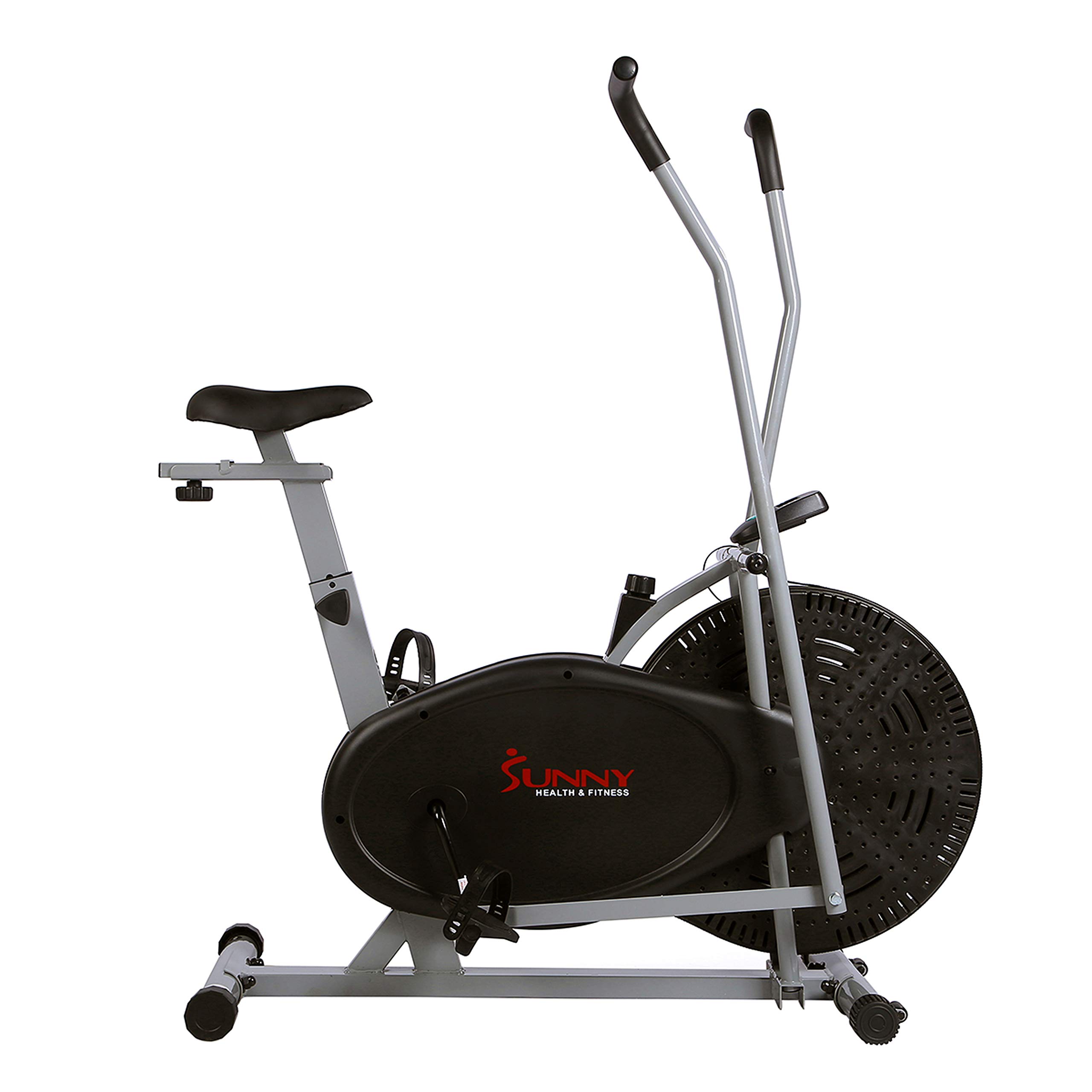 Sunny Health & Fitness Air Bike Fan Exercise Bike with Digital Monitor, Full Motion Arm Exercisers, and Adjustable Seat