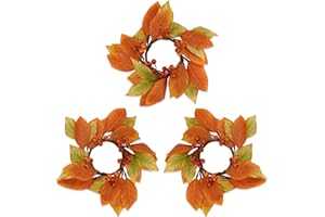 Rhytsing 3pcs Artificial Fall Candle Rings for Pillar Candles with Autumn Leaves and Orange Berry, Orange Wreaths for Candlesticks Holders, Dining Table Centerpiece, Inner Diameter: 3.5"