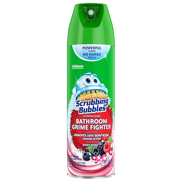 SCRUBBING BUBBLES BATHROOM AND SHOWER CLEANER AEROSOL, FOAMING ACTION BATHROOM GRIME FIGHTER REMOVING SOAP SCUM, BERRY BURST SCENT, 20OZ