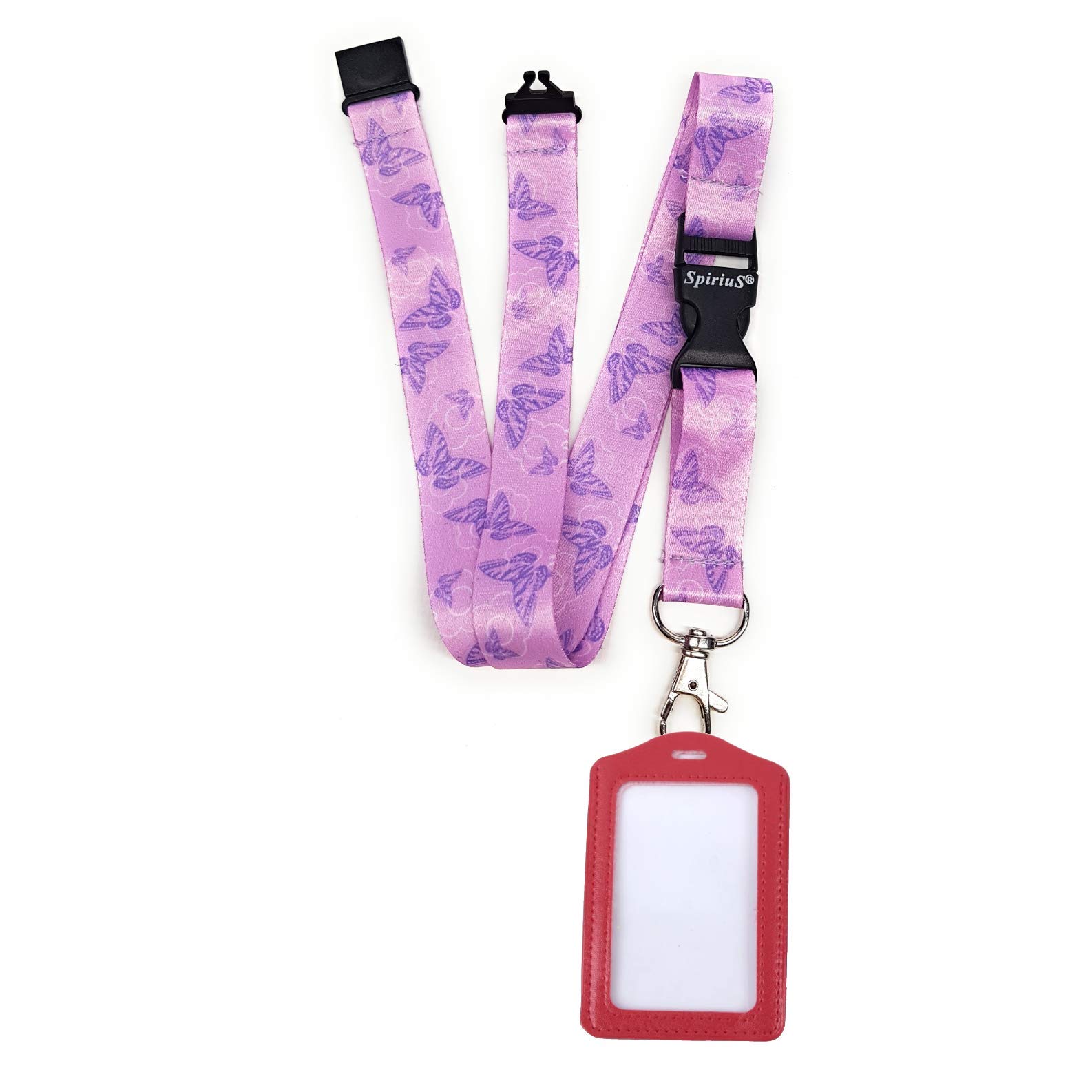 Spirius Original Lanyard Neck Strap with RED Leather ID Card Badge Holder for Work, conferences, Events, Parties, Schools and Trips. (Purple Butterflies)